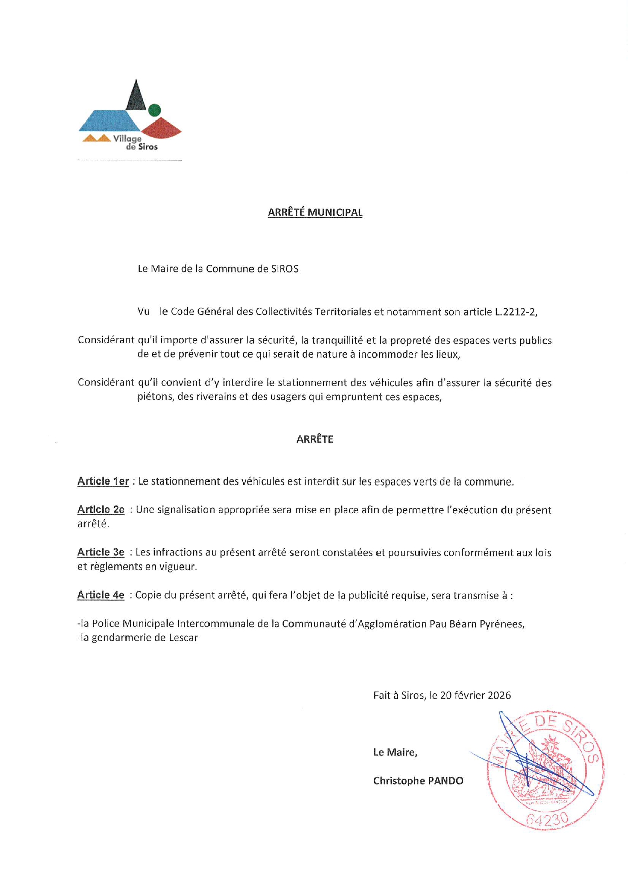 Arrêté interdisant le stationnement des véhicules sur les espaces verts communaux page 0001