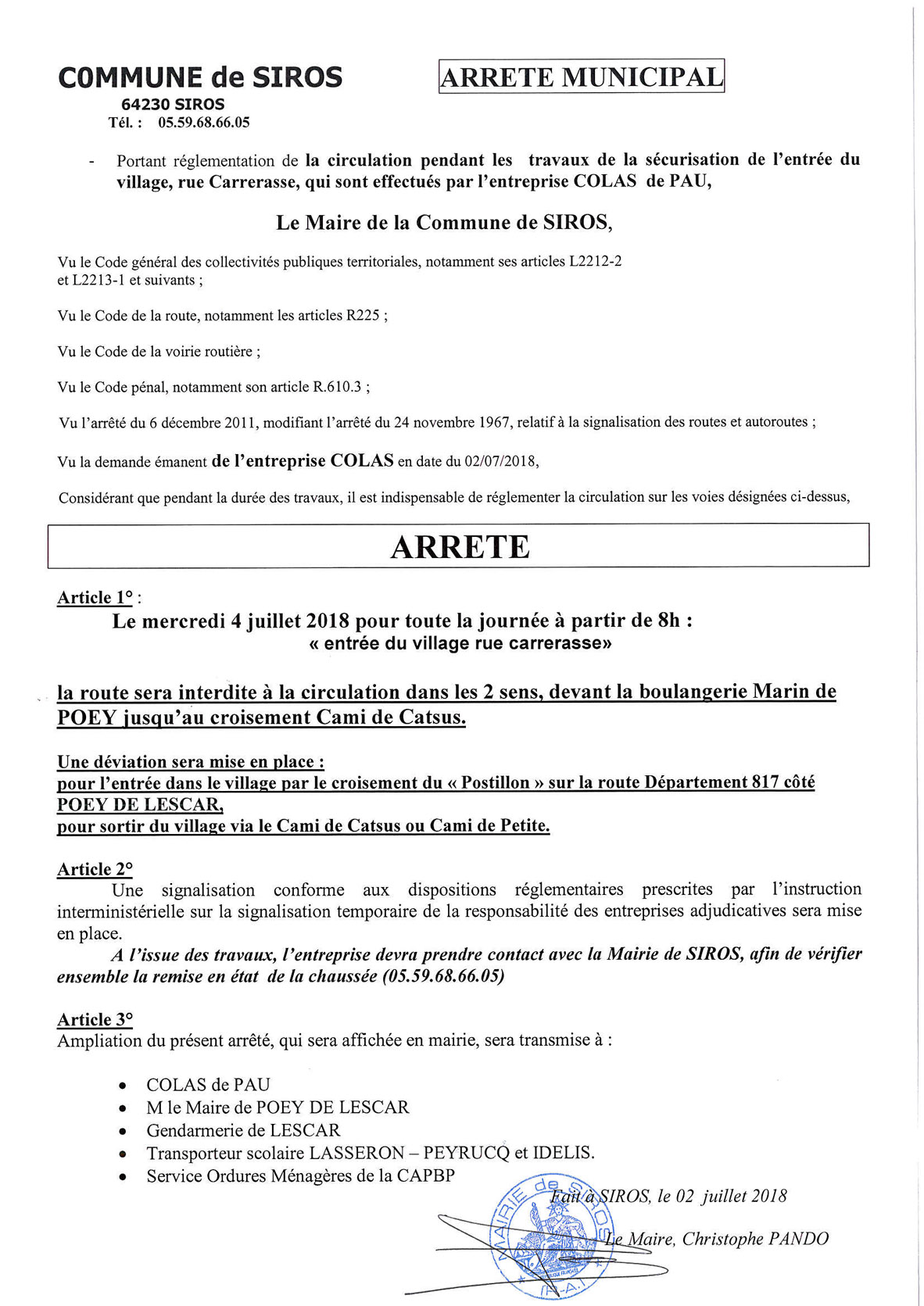 Arrete Travaux COLAS Securisation ENTREE SIROS