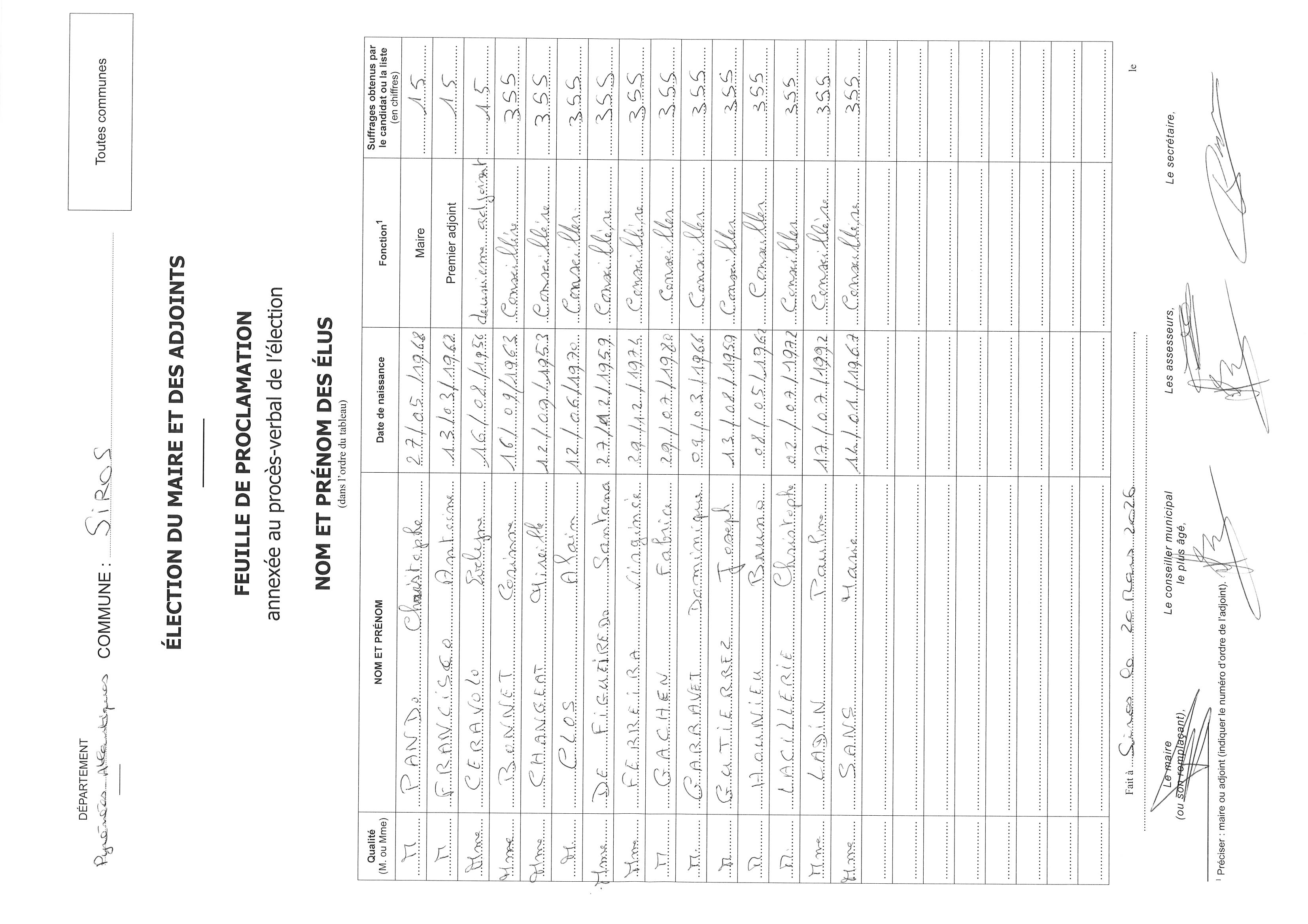 feuille de proclamation completee et signee
